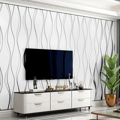 Snewvie White Glitter Textured Wallpaper 3D Effect Embossed Wallpapers Thick Wallpaper Wave Stripes Wall Paper for Bedroom Adults Teenager Living Room Lounge Hallway Hall,5 roll