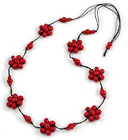 Avalaya Collana lunga in cordoncino di cotone nero con fiore in legno rosso ciliegia, lunghezza 90 cm