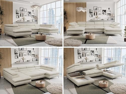 MKS MEBLE Sofa U-Form Beige, Wohnlandschaft U-Form, Sofa mit Schlaffunktion und Bettkasten, Schlafsofa mit Bettkasten, Couch mit Verstellbare Kopfstützen - Peter U - Beige Velvet Hydrophob