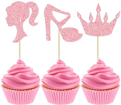 Ephlyn 24Pcs Girl Theme Birthday Cupcake Toppers Glitter High Heel Princess Doll Head Cupcake Picks Decorations for Baby Bridal Shower Girl Birthday Party Supplies Pink