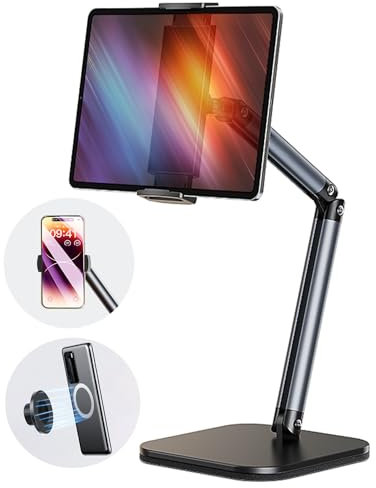 PUJUDODA Tablet Halterung Tisch,Handyhalterung Magnet mit Einstellbarer Höhe und Winkel, Klappbarer Tablet Ständer für Smartphones, iPhones, iPads,Tablets(4-12.9)