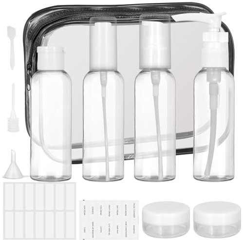 12 Stück Handgepäck Flüssigkeiten Set, 60ml Reise Flaschen Zum Befüllen, Auslaufsichere Reise Container mit transparenten Beutelspatel-Pipetten-Trichter-Etiketten für Shampoo Spülung Körperpflege