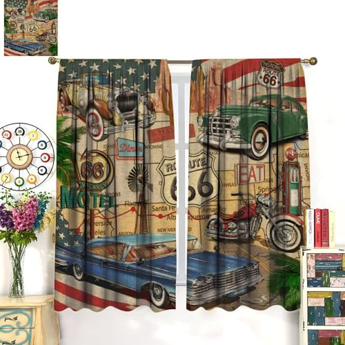 Retro-Auto-Verdunkelungsvorhänge, altes klassisches Auto-Thema, Vintage-Route 66, Diner-Muster, Fenstervorhänge, 2 Paneele, Stangentaschen, Vorhänge für Schlafzimmer, Wohnzimmer, Küche, Dekoration
