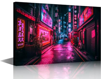 TISHIRON Cyberpunk Leinwand-Wandkunst für Wohnzimmer, Dekoration, Leinwand-Kunstdrucke, Tokyo City by Night, Druck für Schlafzimmer, Leinwand-Wanddekoration, gerahmt, fertig zum Aufhängen, 40,6 x 61