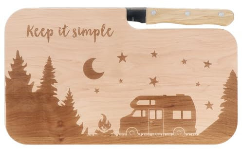 Spruchreif | Brotzeitbrett mit Messer Keep it simple – Graviertes Holzbrett mit Camper-Motiv | Geschenkidee für Minimalisten, Campingfreunde & Outdoor-Fans