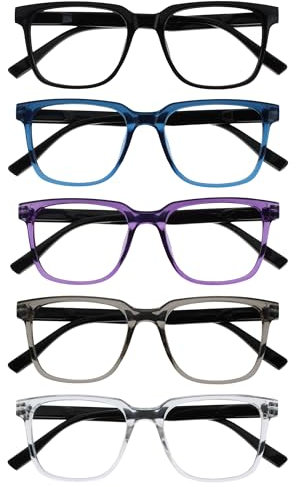 OPULIZE LEO Lesebrille - 5er-Pack - Großes Rechteckiges Gestell - Schwarz, Blau, Lila, Grau, Klar - Herren Damen - Federscharniere - RRRRR55-1357C - +1.00