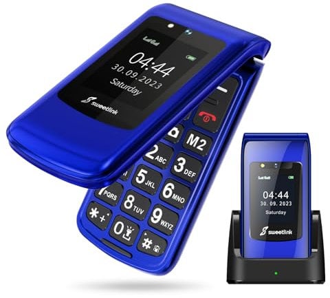 SweetLink F2 Plus Big Button Mobile Phone for Elderly,Flip Phone,Loud Volume,SOS Emergency Button,Speed Dial,1000mAh Battery Capacity,Charging Dock,2.4+1.77 Dual Screen,2G Dual SIM (Blue)