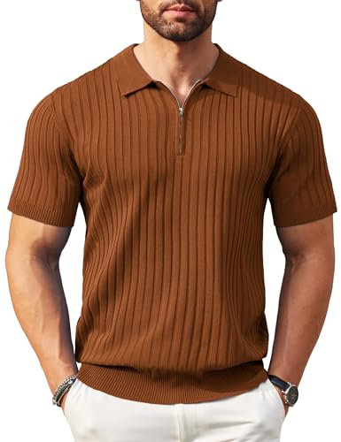 COOFANDY Men's Polos Zipped Short Sleeve Polo Shirts Summer Casual Knitted Striped Golf Polo T-Shirts Brown XXL