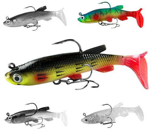 Gummifische Zander Köder Set Gummifische Angelköder für Forelle Zander Barsch 5 Stück, Jig Spinner Hecht Köder Blinker Angeln, Realistische 3D Gummiköder Angelzubehör Fishing Lure Set