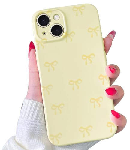 VCGFJD Case for iPhone 15, Cute Ribbon Bow Pattern, Stylish Simple Phone Case, Raised Lens Edge Protection, Aesthetic Bowknot Slim Soft TPU Durable Protective Cover for iPhone 15 -Yellow