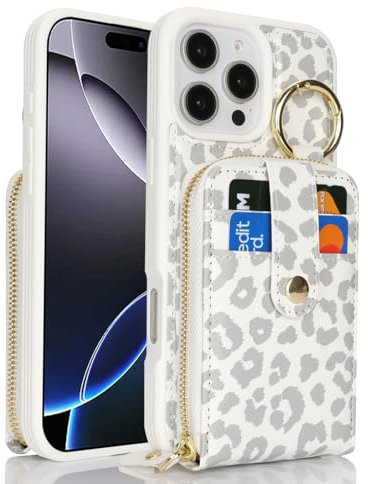SailorTech for iPhone 11 Pro Max Case Ring Stand with Credit Card Holder for Women, Phone Case for iPhone 11 Pro Max Leather Case Wallet with Credit Card Slots Zipper Case-White Leopard