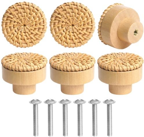 Ainiv 6 pcs Boutons de Meuble en Rotin Bois, Poignée Meuble, Boutons de Portes pour Placards, 40 mm Poignet de Tiroir, pour Décoration D'intérieur, Placard, Penderie, Tiroir, Armoires de Cuisine