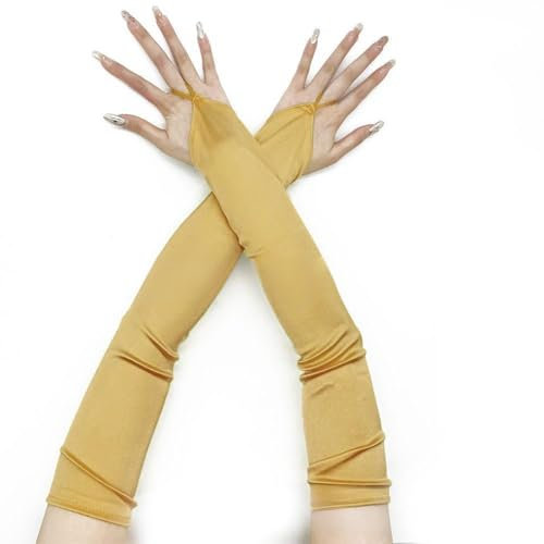 Whakano 1 Paar 50 cm Lange Elegant Satin Handschuhe,Damen Classic Abendhandschuhe Opernhandschuhe Ball Fingerlose Handschuhe,Ellenbogen Handschuhe,für Gala,Oper,Brautparty,Hochzeit,Gold