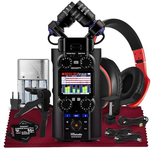 Zoom H5Studio Handlicher Recorder, 32-Bit-Schwimmer, große XY-Mikrofone 19,4 mm, 6-Spur-Aufnahme, Verstärkungsknöpfe, F-Serie Vorverstärker mit Stativ, Kopfhörer, XLR-Kabel, wiederaufladbarer Akku und
