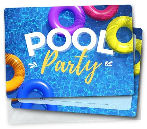 Generisch DEON & GRETA 12x Pool Party Einladungskarten inkl. Weißen Umschlägen - Karten Set mit Pool Motiv zur Poolparty Kinder Geburtstag Jungen Mädchen Teenager