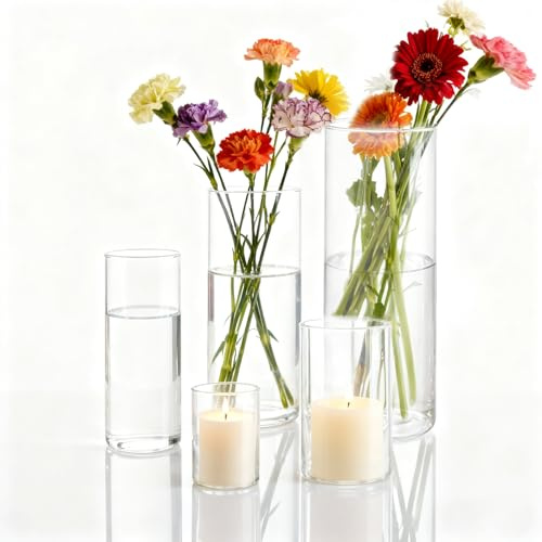 JMIATRY 5 Stück Windlicht Glas, Kerzengläser 10/15/18/20/25cm Hoch, Glaszylinder für Kerzen Glas Kerzenhalter für Tischdeko Hochzeit Event Wohnzimmer Deko