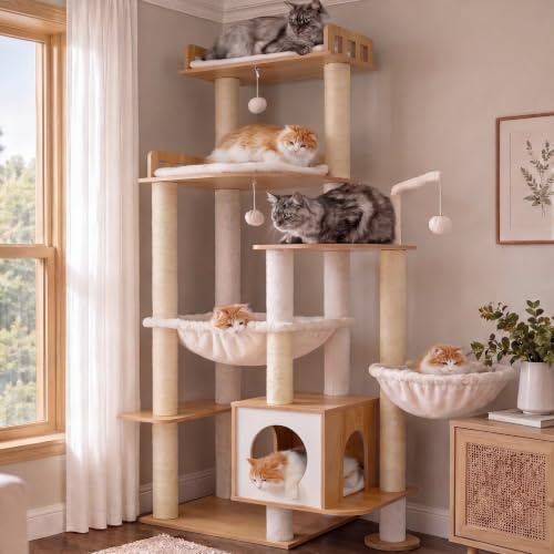 Heybly Tiragraffi per Gatti, Albero in Legno da 179 cm per Gatti Grandi, Struttura Ultra-Stabile, Arredo Moderno con Rivestimento in Sisal Totale, Condo e Amache, Colore Noce HCT121WB
