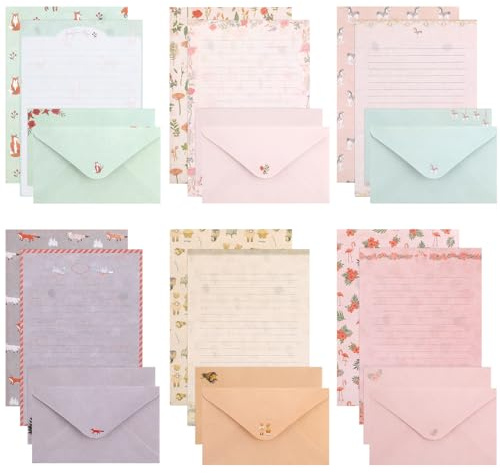 Vyuwast 54 Stück Briefpapier mit Umschlag Set für Briefe,Einladungen | 36 Briefpapier Liniert mit 18 Briefumschläge und 40 Transparente Siegel für Einladungen, Urlaub, Liebesbrief&Hochzeit, Tier