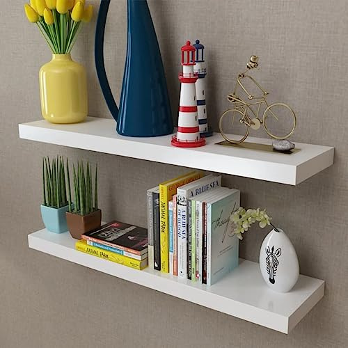 Qnhdfrt 2 White Floating Wall Shelves 80 x 20 cm MDF Matte Bedroom Living Room Book DVD Display Storage Hidden Brackets Easy Mount for Home Kitchen Corridor