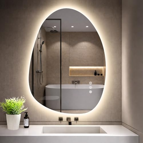 GIMBELEN Asymmetrischer Spiegel mit Beleuchtung 75 × 55 cm, 3 Lichtfarben, Dimmbar, Antibeschlag, IP44 Wasserdicht, Bad Spiegel mit Licht, Touch-Schalter, Memory-Funktion Horizontal/Vertikal