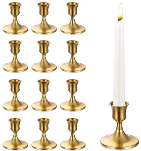 12er Set Goldene Vintage Kerzenständer, Metall Kerzenhalter für Tafelkerzen, Tischdekoration für Hochzeit, Weihnachten, Kaminsims, Wohnaccessoires