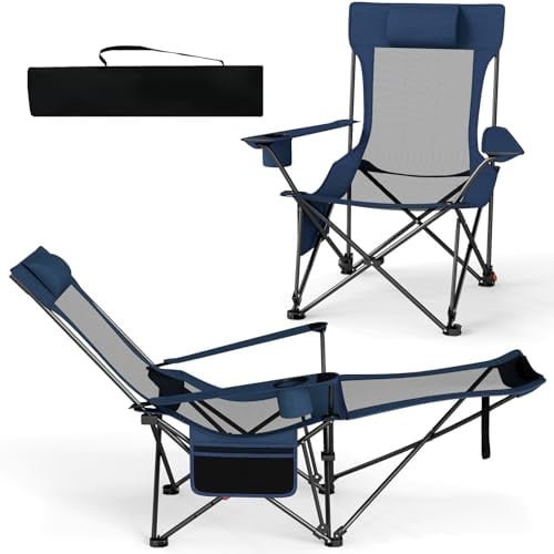 COSTWAY Chaise Pliante Camping, Chaise Longue Réglable sur 4 Positions, Repose-Pieds Amovible, Appui-Tête, Poche, Porte-Gobelet, Fauteuil Inclinable pour Plage Pêche Bureau, Charge 150KG (Bleu)