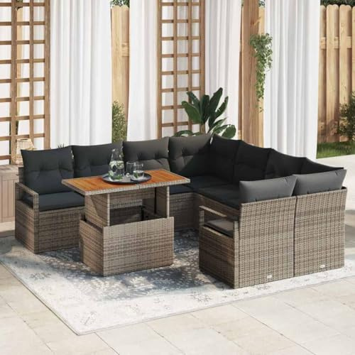 Gartensofa Set mit Aufbewahrung 9pcs Grey Polyrattan Modulares Ecksofa aus Polyrattan Gartenmöbelset 9-teilig mit zwei Sofas, zwei Ecken und Tisch,