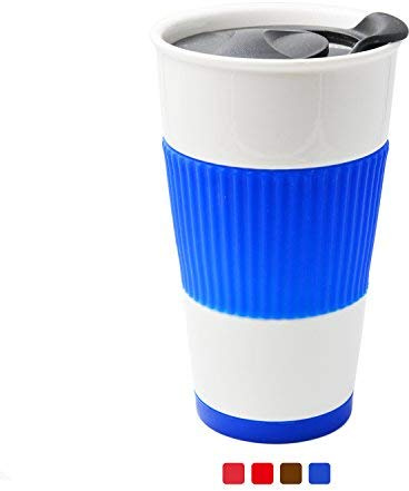UDMG Ceramic Double Wall Insulated Travel Coffee Cup with Slider Lid, Silicone Sleeve & Built-In Coaster, 10 fl.oz (Blue)