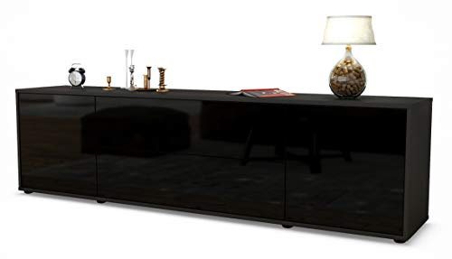 Stil.Zeit TV Schrank Lowboard Aquilina, Korpus anthrazit matt, Front Hochglanz-Design Schwarz (180x49x35cm), mit Push-to-Open Technik & Leichtlaufschienen