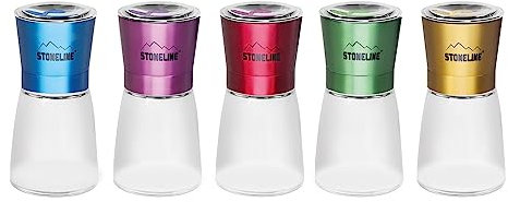 STONELINE Gewürzmühle Salz und Pfeffermühle Manuell 5 teiliges Set mit verstellbarem Keramikmahlwerk, Glasbehälter 185 ml, Edelstahl Deckel, Mühle für Salz Pfeffer Gewürze Kräuter Chilis, Bunt
