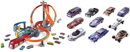 Hot Wheels 54886 1:64 Die-Cast Auto Geschenkset, je 10 Spielzeugautos, Spielzeug Autos+CDL45 Action Mega Crash Superbahn, Trackset mit Loopings und Kurven inkl. 2 Starter und 1 Spielzeugauto