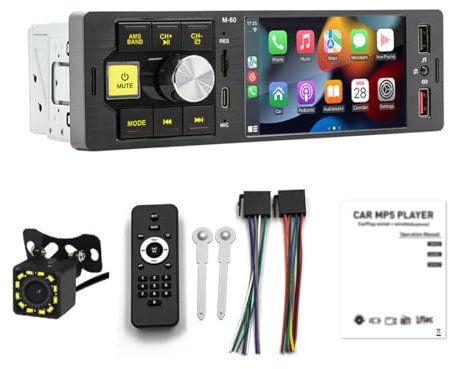 Radio estéreo para automóvil con Bluetooth y un solo DIN de 4,1 pulgadas con Android Auto/CarPlay/Mirrorlink con cable, compatible con USB y TIPO C/radio FM/tarjeta TF/entrada auxiliar+cámara de 12LED