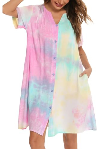 YOZLY Robe de Maison en Coton à Manches Courtes pour Femme - Chemise de Nuit boutonnée, Multicolore, L