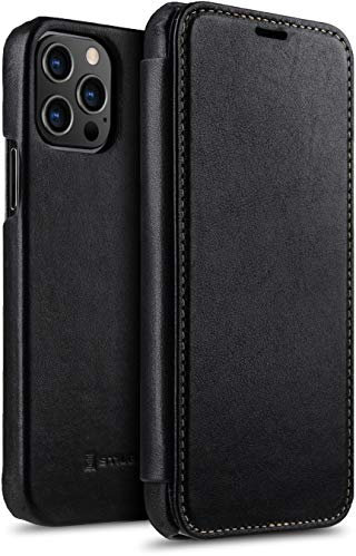STILGUT Book Case kompatibel mit iPhone 12 Pro Max (6.7“) Hülle aus Leder zum Klappen, Klapphülle, Handyhülle, Lederhülle - Schwarz Nappa
