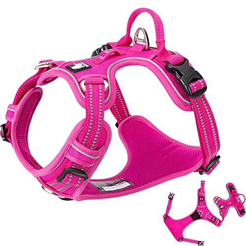 No Pull Hundegeschirr Reflektierende Hundeweste Geschirr mit Griff Vorderclip Neopren Gepolstertes Hundegeschirr für Welpen Mittlere Große Hunde 3 Schnallen Einfach An- und Ausziehen Rosa S