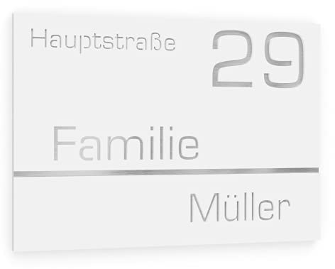 GRAVIERS DESIGN Número de Casa Exterior Personalizable de Acero Inoxidable. 380 x 264 mm en Blanco Resistente a la Intemperie. Para Puertas y Portales. [Made in Germany]