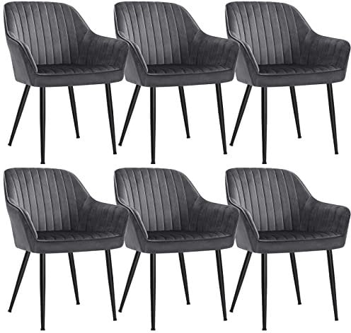 SONGMICS Esszimmerstuhl, 6er Set, Küchenstuhl, Sessel, Samt, Polsterstuhl mit Armlehnen, Loungesessel, bis 120 kg belastbar, Metallbeine, für Esszimmer, Küche, grau-tintenschwarz LDC087G01-6
