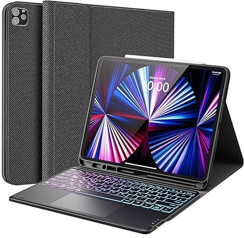 Earto Hülle mit Tastatur für iPad Air 13 Zoll(M3 2025/M2 2024), 3-Zone Beleuchtung mit 7 Farben, iPad Pro 12.9 Tastatur mit Touchpad, QWERTZ Layout für Air 13/Pro 12.9 6/5/4/3 Gen(2018-2022), Schwarz