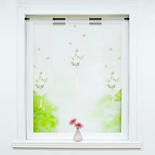 Joyswahl Voile Scheibengardine Miniflächenvorhänge mit Stangendurchzug Küchengardine mit Floral Stickerei Muster 3er Set Kurzstore Bistrogardine Weiß (20cm breit, 1x50cm Länge und 2x70cm Länge)