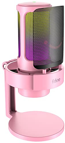 USB Streaming Gaming Microphone, FIFINE AMPLIGAME PC Condenser Desktop Mic for Video, Home use, YouTube, with RGB Control, Gain Knob, 3.5mm Headphone Jack, Shock Mount, on Computer/PS4/PS5-A8 Pink