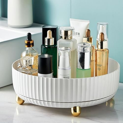Organisateur de Maquillage, Plateau de Parfum Rotatif à 360°, Organiseur Cosmétique, Plateau de Soins de la Peau pour Vanité de Salle de Bains, Blanc