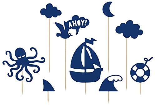 Kuchenstecker Ahoy Cake Topper Made in EU Größe 9-23cm Kuchen Deko Geburtstag Junge Tortendeko Piraten Geburtstagskuchen Tortenstecker Cupcakes Muffins Kuchenaufstecker Marineblau