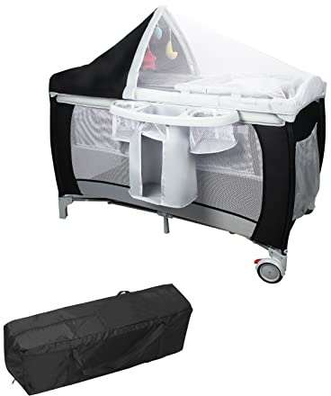 LIFEZEAL 3 in 1 Faltbares Babybett, 120x60cm Reisebett mit Matratze&Wickeltisch, Babyreisebett mit Moskitonetz&Seiteneingang, inkl. Tragetasche, Kinderreisebett für Baby 0-36 Monate
