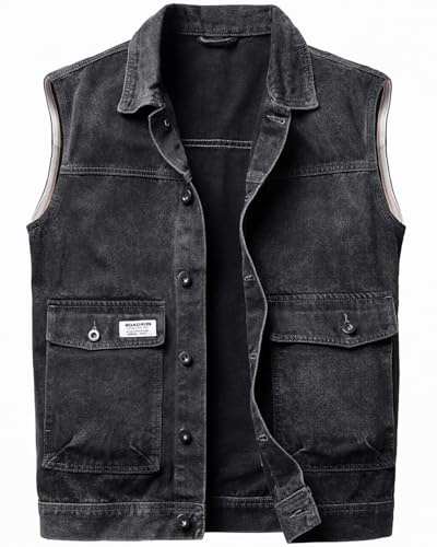 Harbrosrce Men's Denim Vest Gilet Casual Vintage Biker Sleeveless Jacket Cowboy Jeans Waistcoat Pockets Outwear