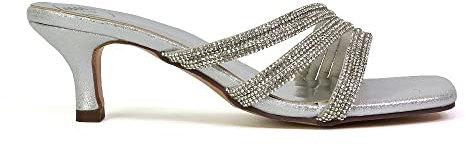 Womens Low Kitten Heel Sandals Ladies Diamante Straps Slip On Sparkly Silver Party Shoes Size 6