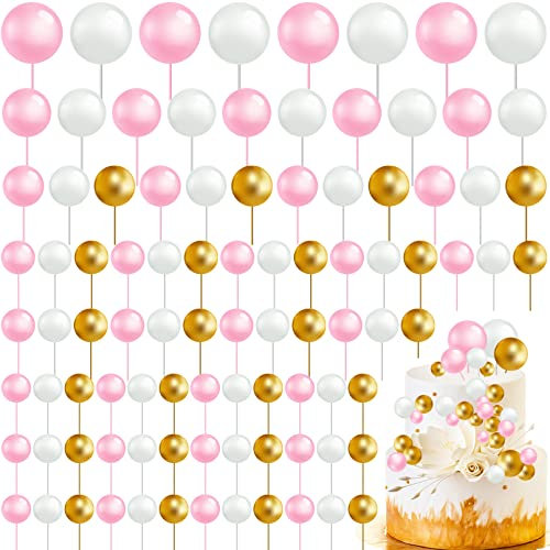 Kinmsito 108 Stück Tortendeko Kugeln,Schaumkugeln Cupcake Topper,Kuchen Dekoration Kugel DIY Kuchen Insert Topper,Schaum Ball Kuchen Picks für Geburtstag Hochzeit Babyparty (Rosa/Weiß/Gold)