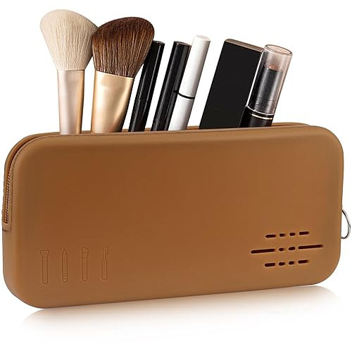 Kosmetiktasche Makeup Tasche Klein für Handtasche Reise Zubehör Make up Tasche Pinsel Behälter Silikon Travel Organizer Makeup Bag Small Schmink Aufbewahrung Schminke Handtaschen Organizer (Braun)