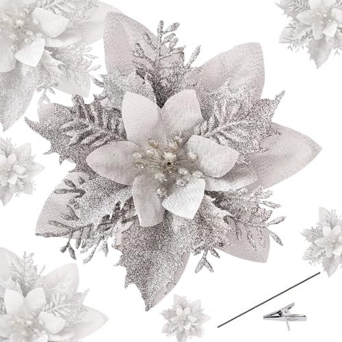 Roqueen 15 Pieces 14CM Christmas Artificial Poinsettia Flowers Glitter with Clips Stems Christmas Tree Ornaments for Wreath Party Wedding New Year Decoration (Silver)
