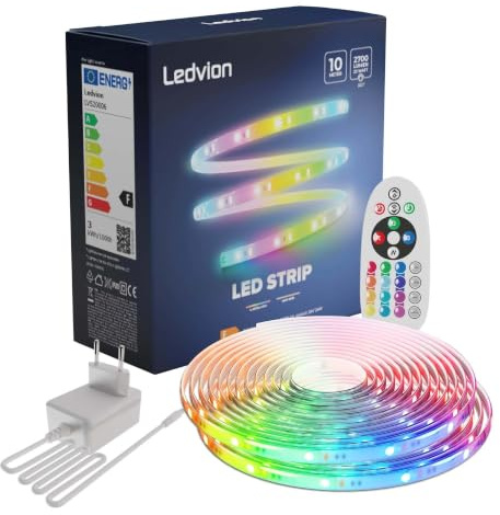 Ledvion - LED-Streifen Dimaar 10M, RGB, 12V, 24W, inkl. Fernbedienung, 60 LEDs/m, kürzbar bis 20cm