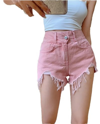 REHJJDFD Pantaloncini da donna in denim rosa da donna irregolare nappa a vita alta Jean Shorts High Street Ladies Shorts, Rosa, M